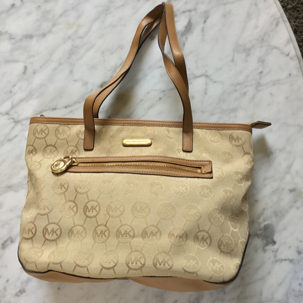 Michael Kors Cream Beige Canvas Signature Logo Shoulder Bag